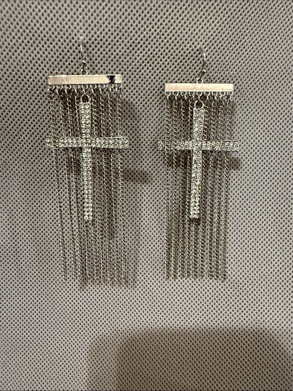 Silver Cross Fringe Dangle Earrings - Rhinestone Accent